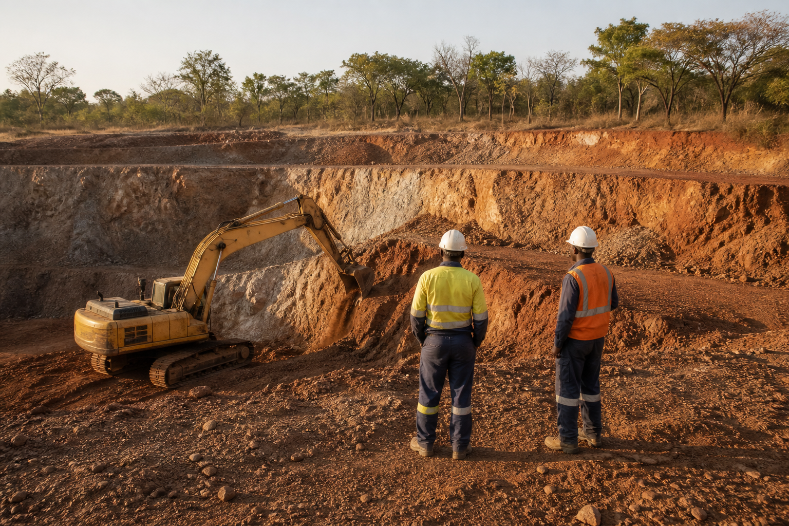 Excavator and crew on a copper mine bench in Northwestern Zambia