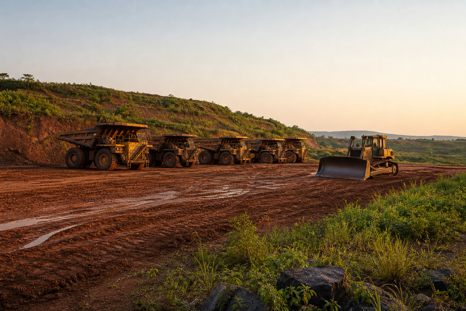 Parked mining fleet on a quiet rehabilitated bench
