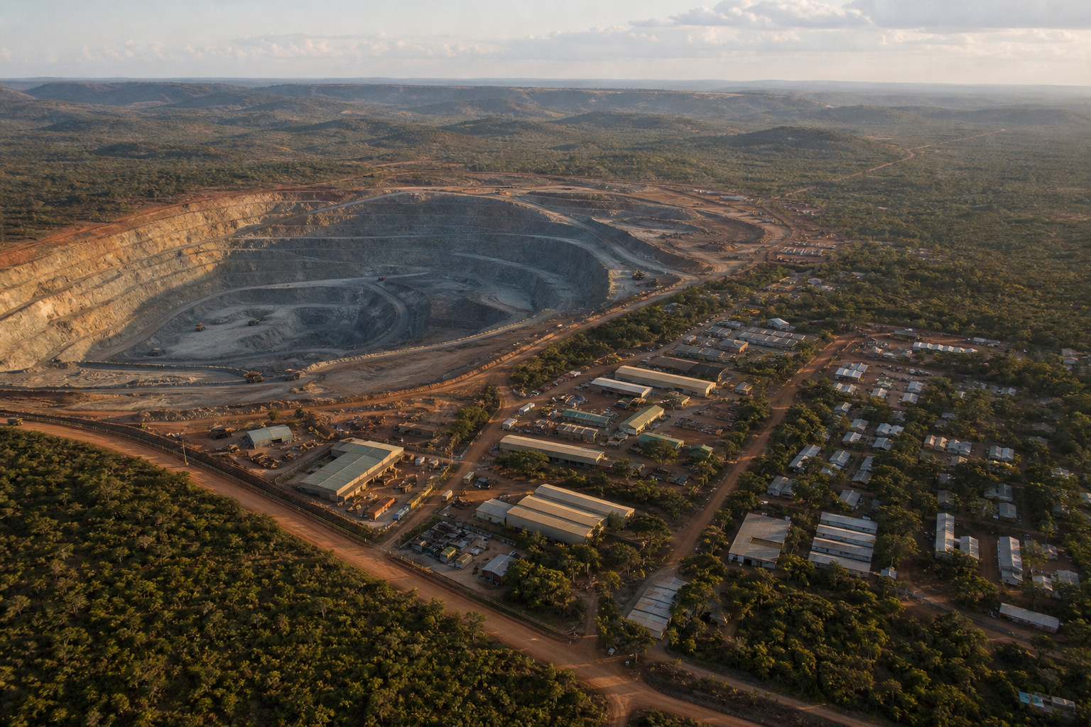 Aerial view of a copper pit and adjacent work camp in Northwestern Zambia