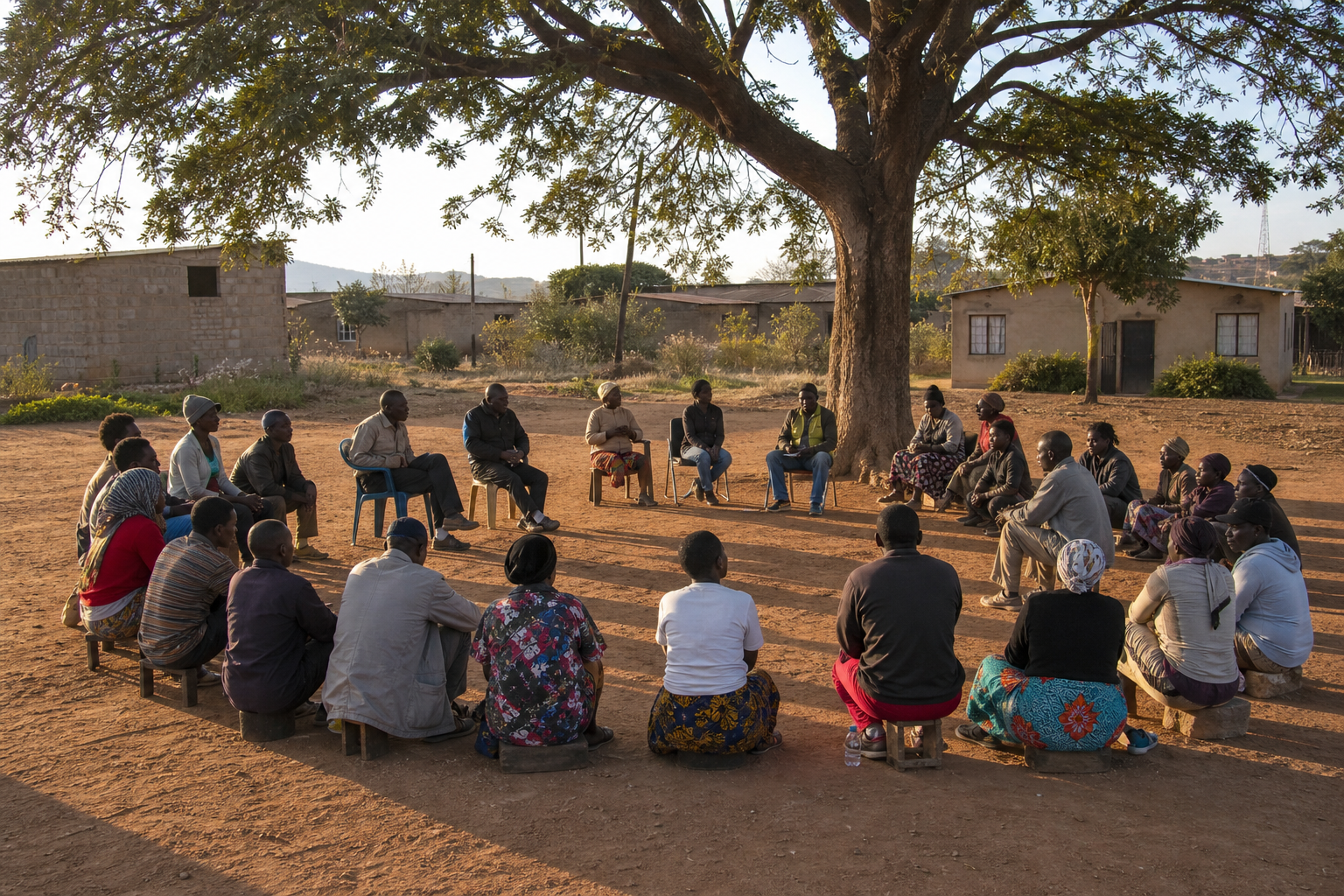 Community gathering under a tree in a Zambian village
