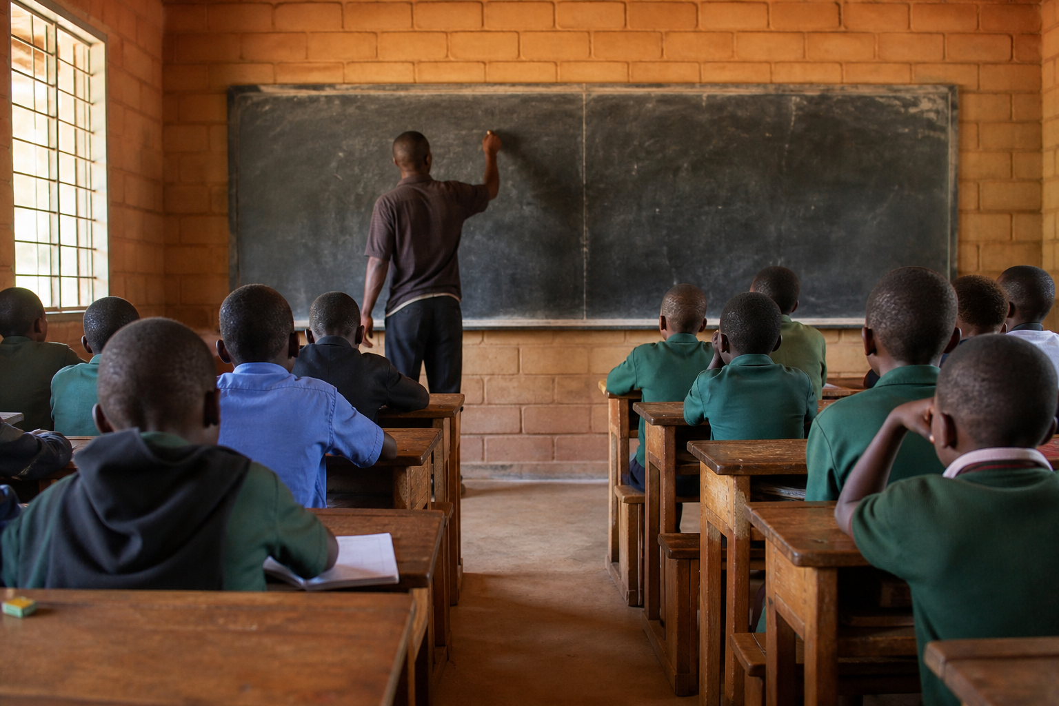 Rural school classroom with wooden desks