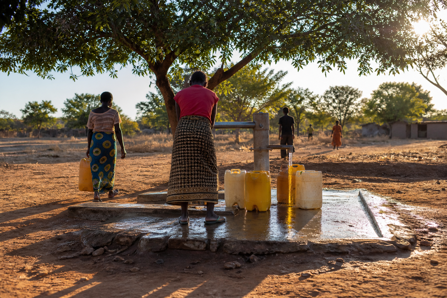 Village borehole and water containers in rural Zambia