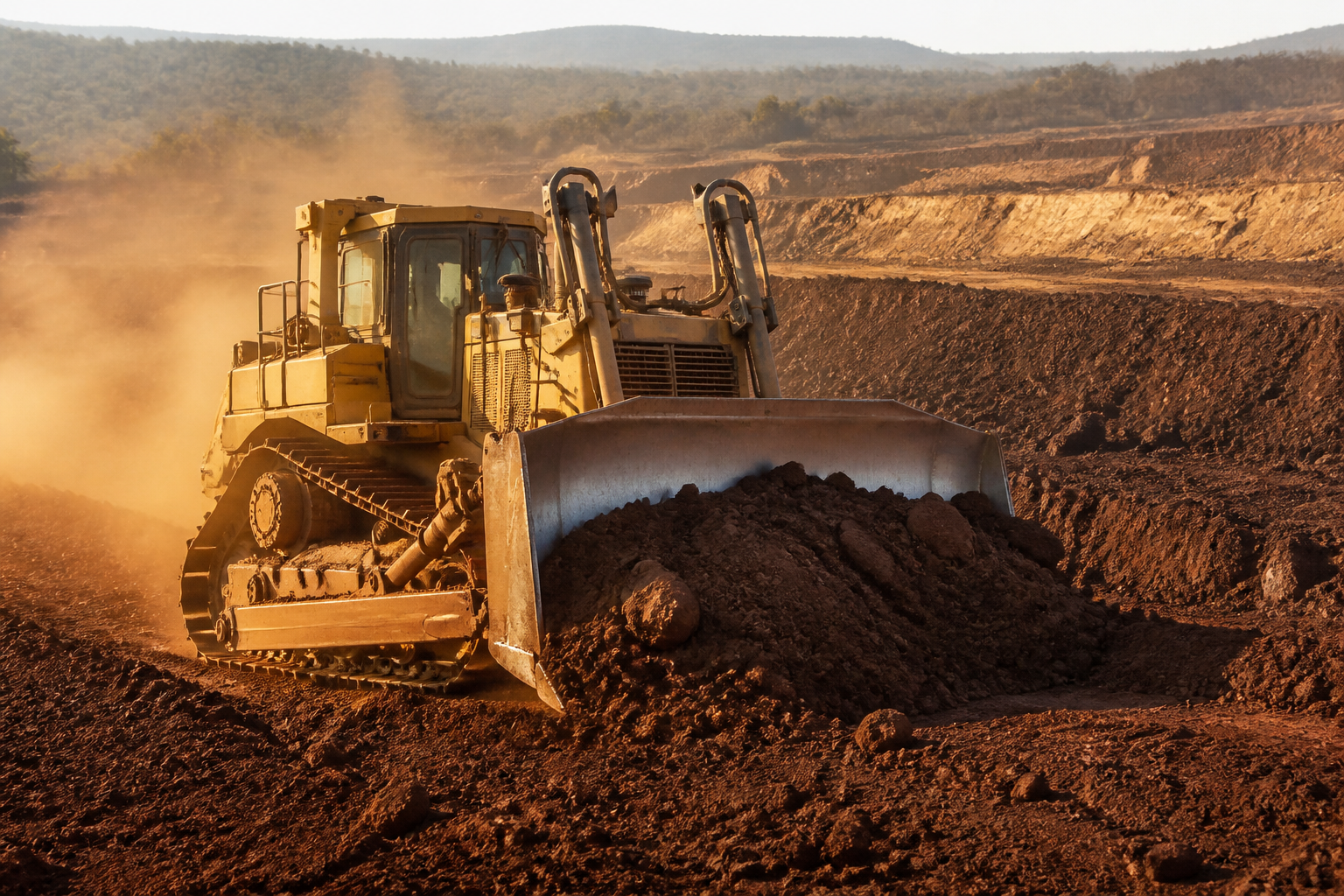 Bulldozer pushing red earth on a mine bench