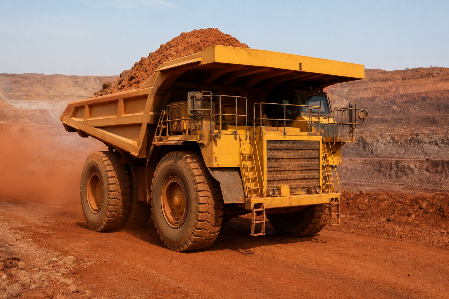 Rigid-frame mining dump truck on a haul road