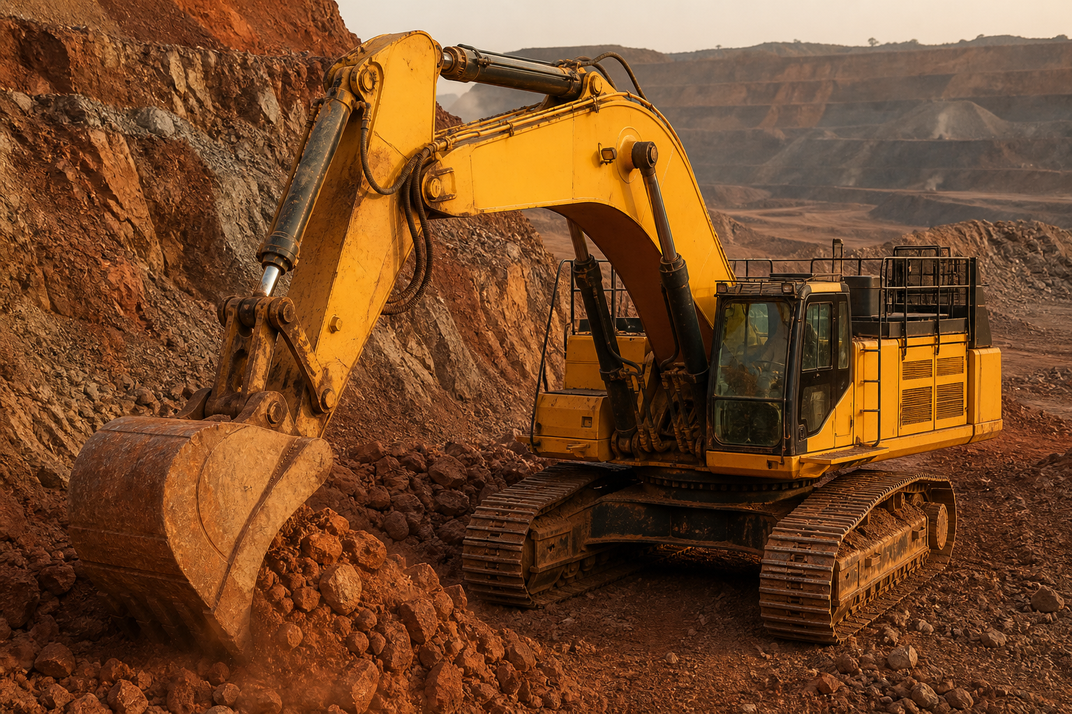 Hydraulic excavator working a copper mine bench