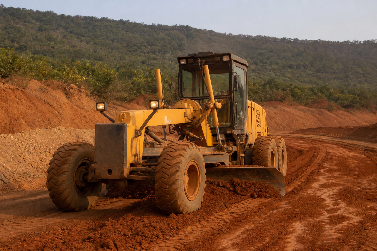 Motor grader finishing a mine haul road