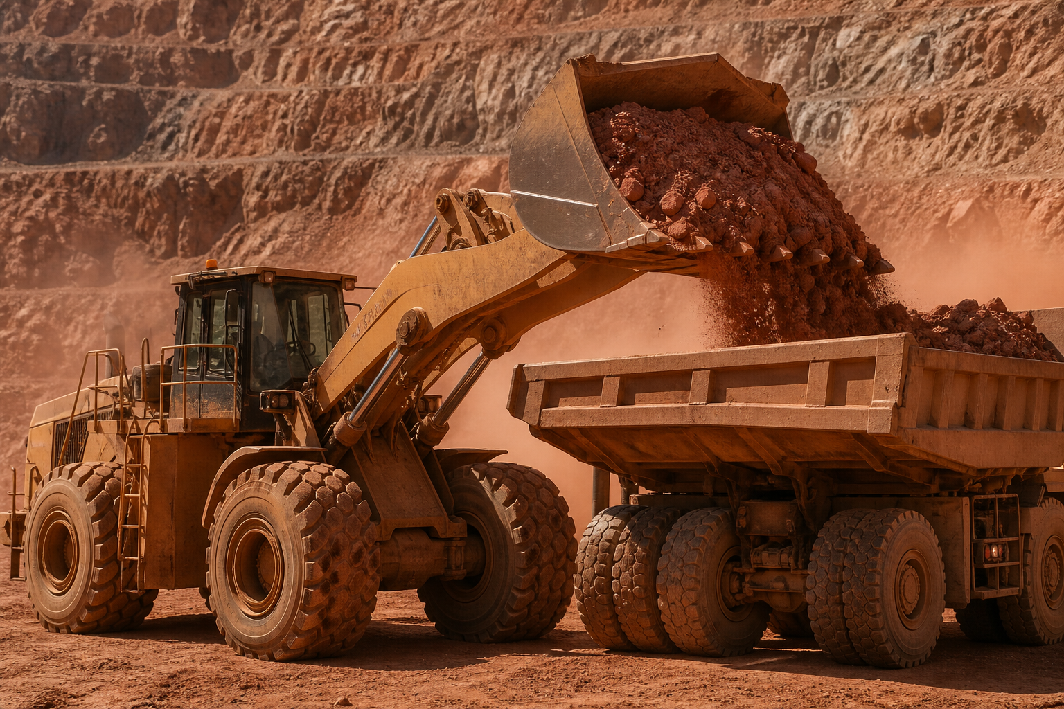 Wheel loader charging a truck with ore