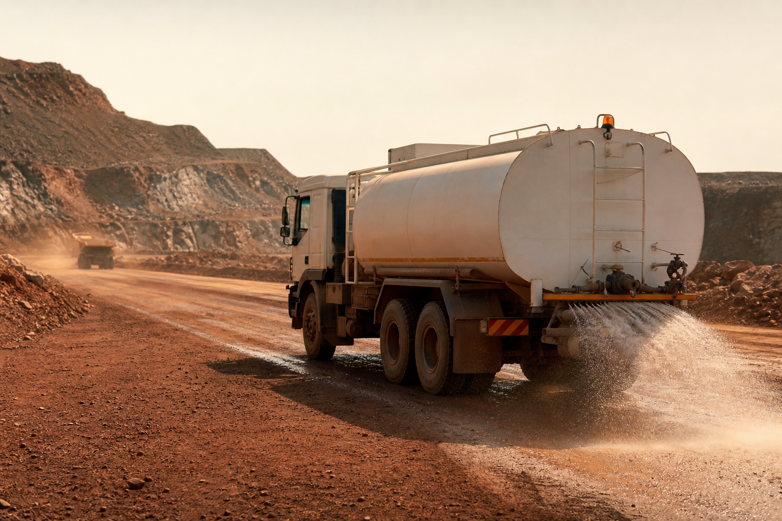 Water bowser damping dust on a haul road