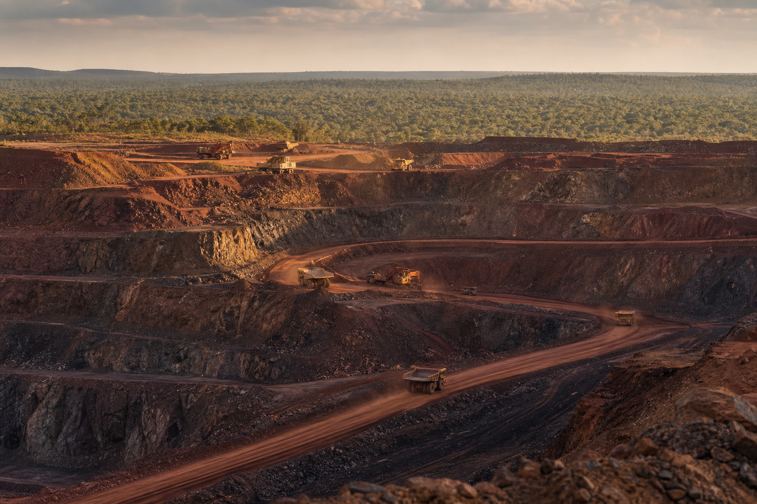 Terraced copper open-pit landscape in Zambia’s Copperbelt at late afternoon