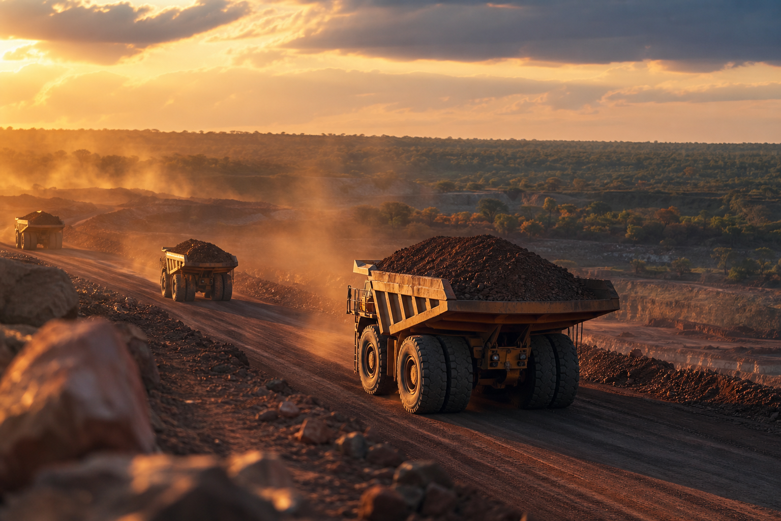 Haul trucks moving along a dusty mine road in warm afternoon light