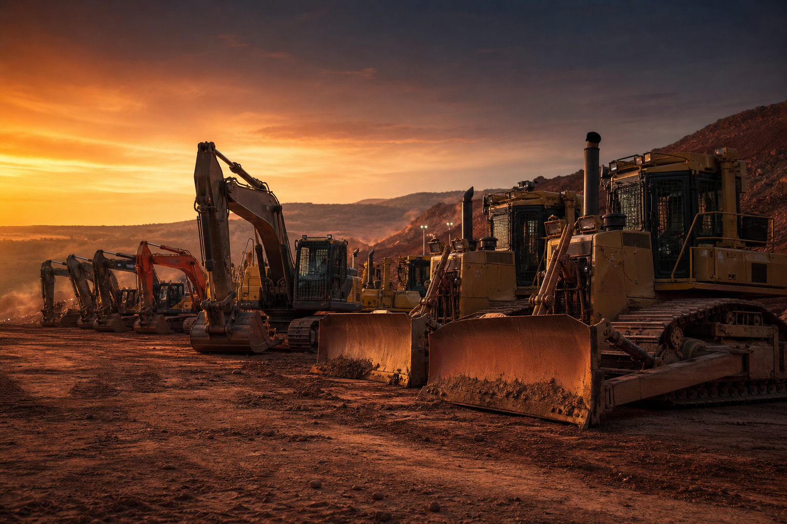 Excavators and dozers lined up at dusk on red mine earth