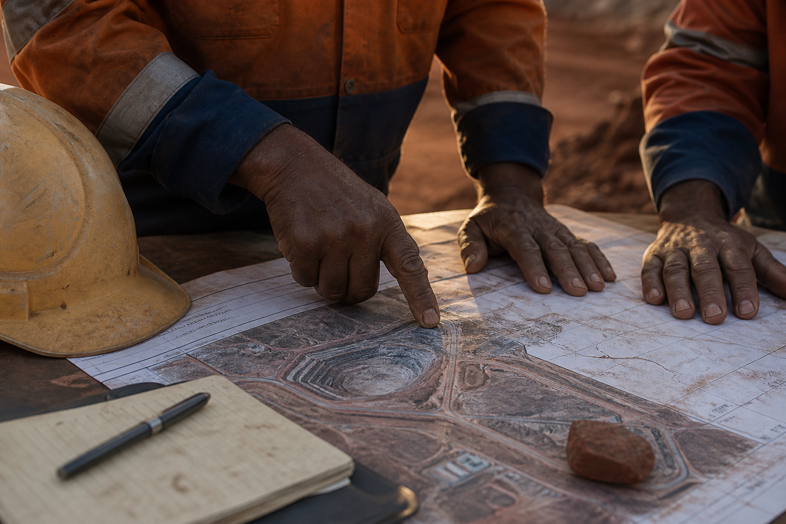 Hands reviewing a mine site plan beside a hard hat
