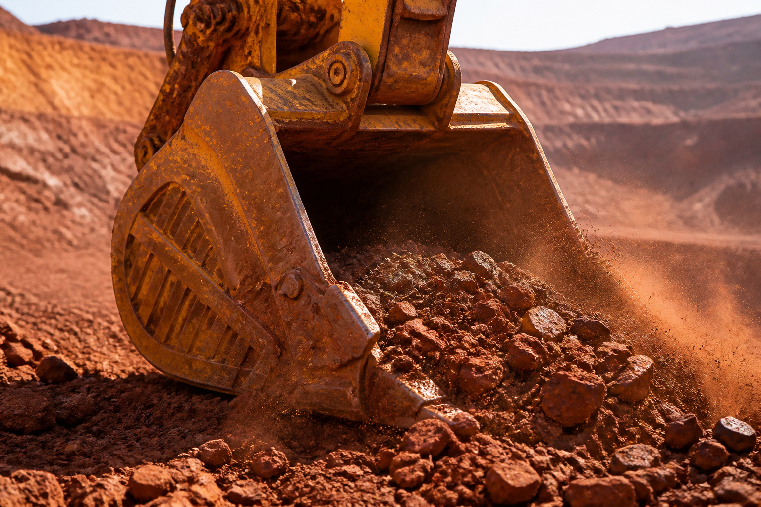 Close view of an excavator bucket working copper-bearing earth