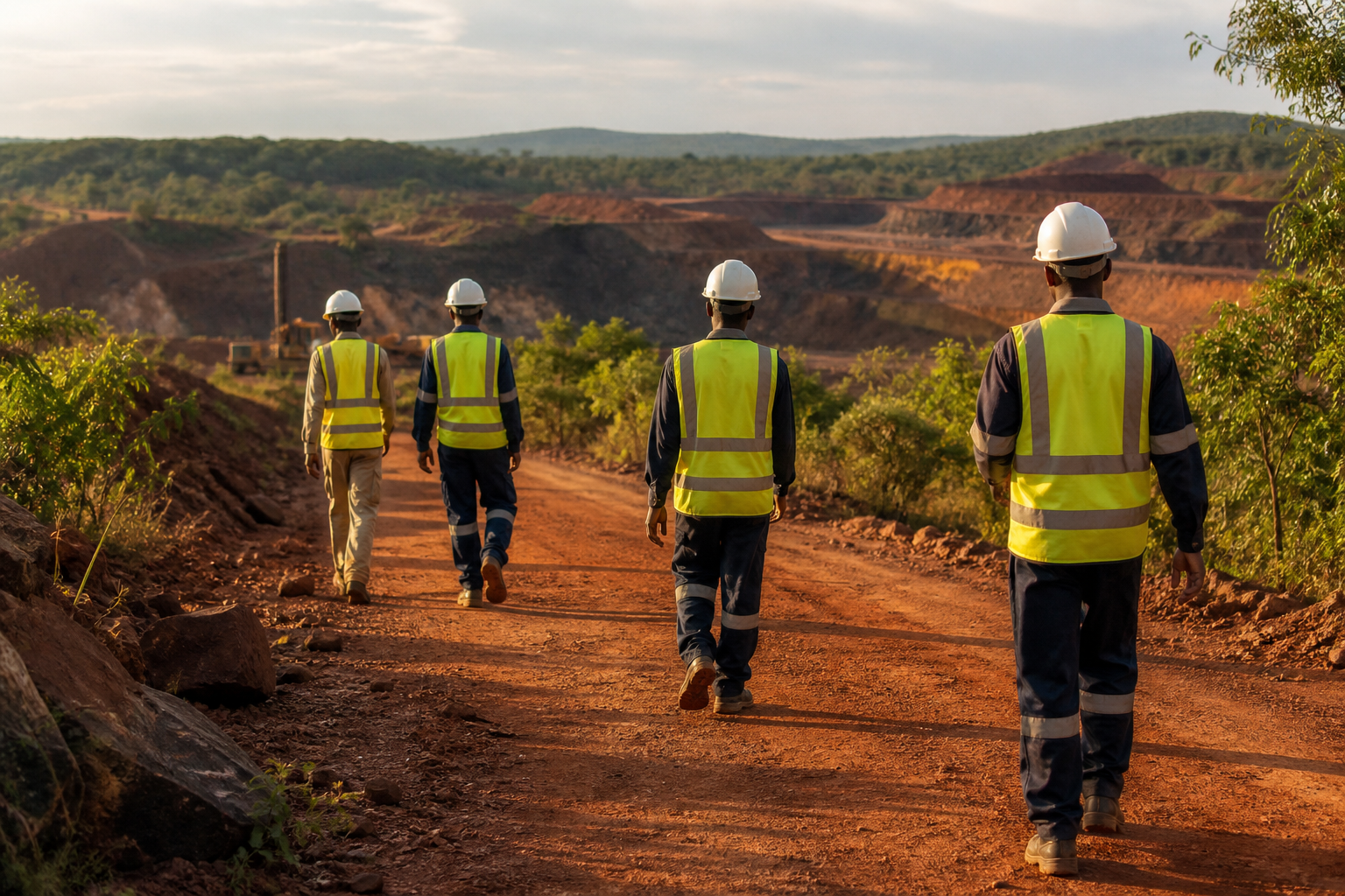 Mine workers in PPE walking a red-earth site road