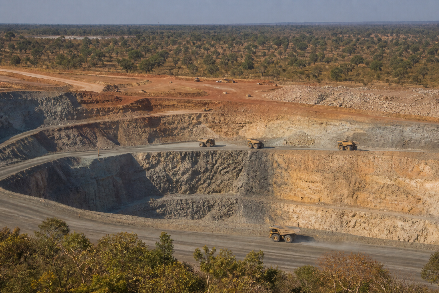 Open-pit workings and haul trucks in Northwestern Zambia bush